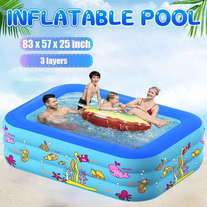 Inflatable Swimming Pool, JoRocks Large 3 Rings Swim Family Pool, 83" x 57" x 25", Ages 3+