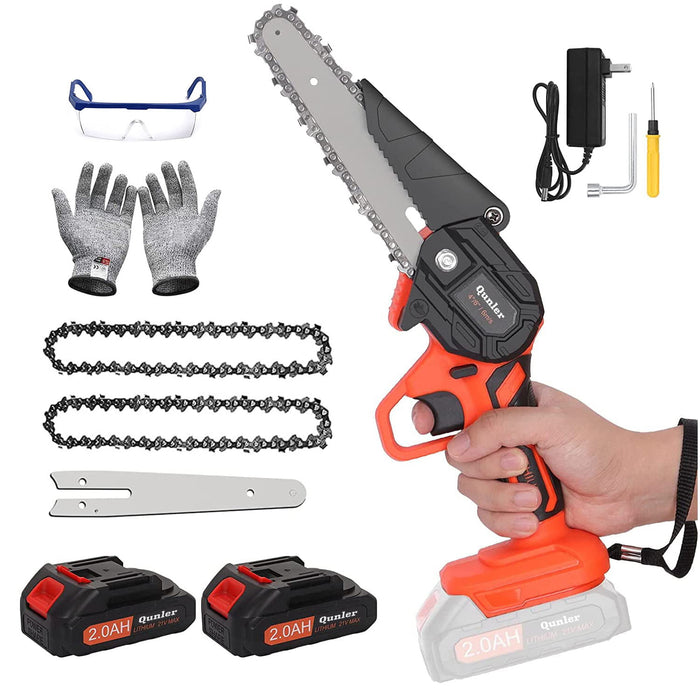 Qunler Mini Chainsaw 6 inches Cordless, Handheld Electric Chain Saw with 2 Battery for Wood Cutting Tree Trimming, Orange