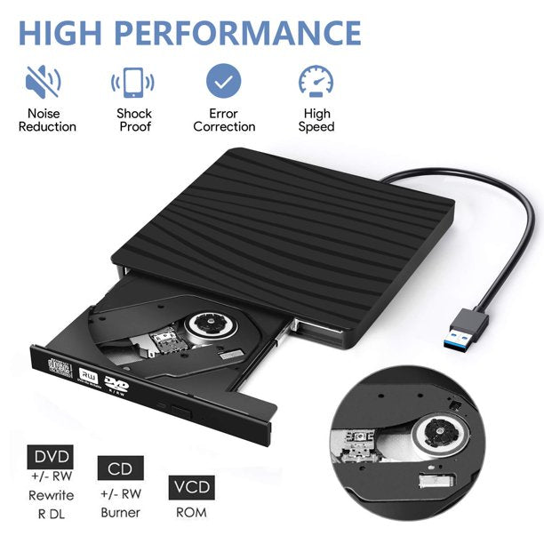 External DVD Drive, USB 3.0 Portable CD/DVD +/-RW Drive/DVD Player for Laptop CD ROM Burner Compatible with Laptop Desktop PC Windows Linux OS Apple Mac Black