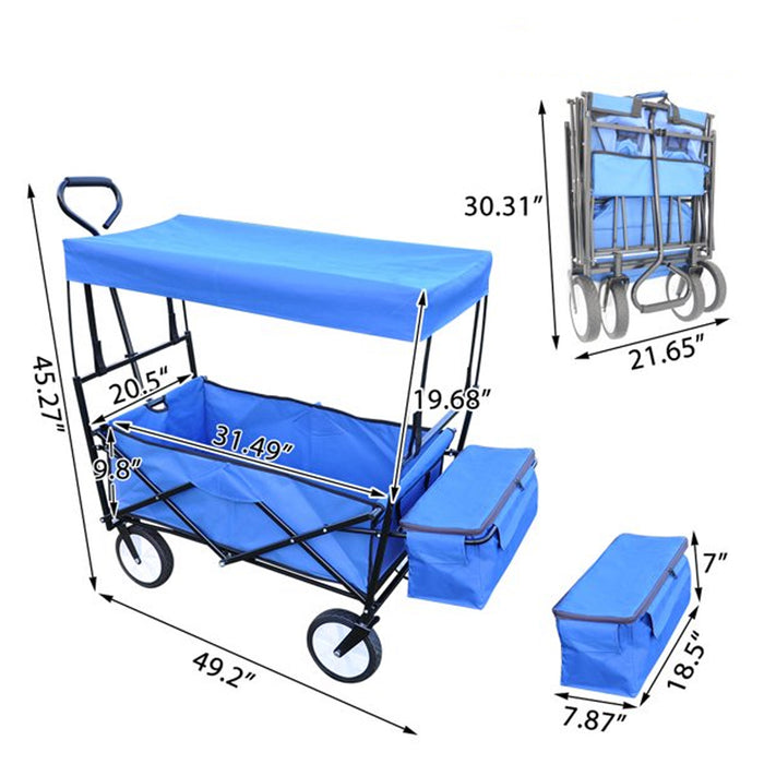 JoRocks Collapsible Wagon Folding Cart with Canopy, Beach Garden Outdoor Sport Utility Cart Wheels Adjustable Handle Rear Storage