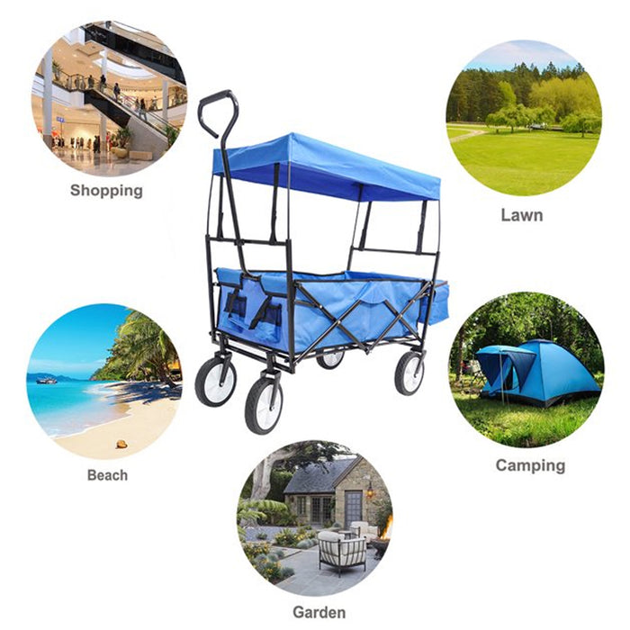 JoRocks Collapsible Wagon Folding Cart with Canopy, Beach Garden Outdoor Sport Utility Cart Wheels Adjustable Handle Rear Storage