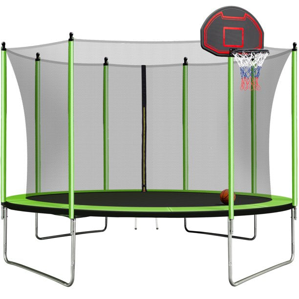 Vinmall 10FT Trampoline with Basketball Hoop Inflator and Ladder(Inner Safety Enclosure) Green