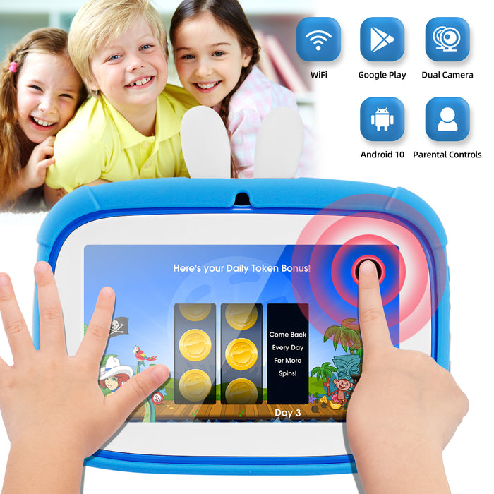 Kids Android Tablet, Durable Kids Learning Tablet, Parental control, IWAWA Pre-Installed, WiFi, Bluetooth, 32GB, Dual Camera, Kids-Tablet Case (Blue)