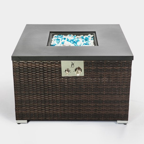 32 in Outdoor Propane Fire Pit Table, Square Wicker Gas Fire Pit Table with Glass Rocks for Outdoor, Brown