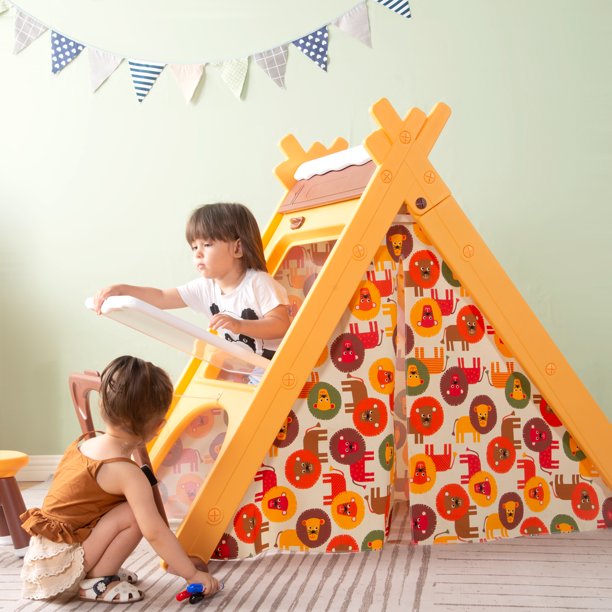 Kids Play Tent - 4 in 1 Teepee Tent with Stool and Climber, Foldable Playhouse Tent for Boys & Girls, Orange