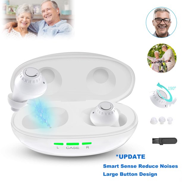 Vinmall Hearing Aids for Ears, Mini Invisible Rechargeable Hearing Amplifier to Aid Hearing with Smart Sense Noise Cancelling for Seniors, Volume Control with Portable Charging Case,White