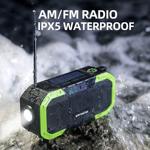 Portable Emergency Radio Bluetoooth Speaker, FM AM NOAA Weather Radio with 5000mAh Power Bank, IPX6 Waterproof Hand Crank Solar Radio with LED Flashlight, SOS Alarm, Compass for Outdoor Survival