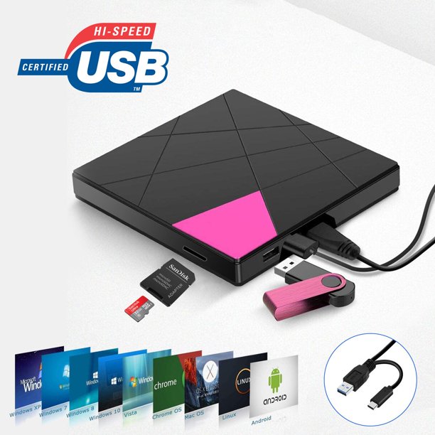 Doosl External CD DVD Drive, USB 3.0&USB-C Slim Portable CD/DVD +/- RW Burner Player Writer Support SD/TF Card and 2 USB 3.0 Ports for Mac OS Windows MacBook Laptop Desktop, Pink and Black