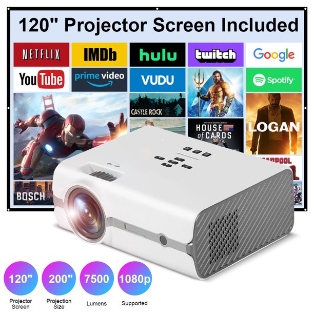 Doosl Mini Projector with 120" Screen, Max 200" Projection Size, Full HD 1080P Supported Portable Projector, Compatible with iOS&Android Connection, HDMI, PS4, VGA, USB for Home & Outdoor Activities