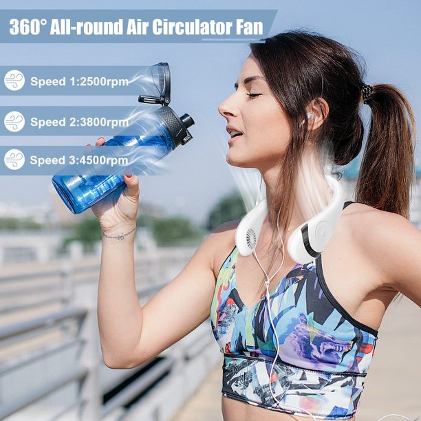 Portable Neck Fan, 360° Cooling Wearable Personal Fan 3 Speeds 5000 mAh Rechargeable Battery Operated,, No Hair Twisting, Small Quiet Neck Fans for Women/Man, White