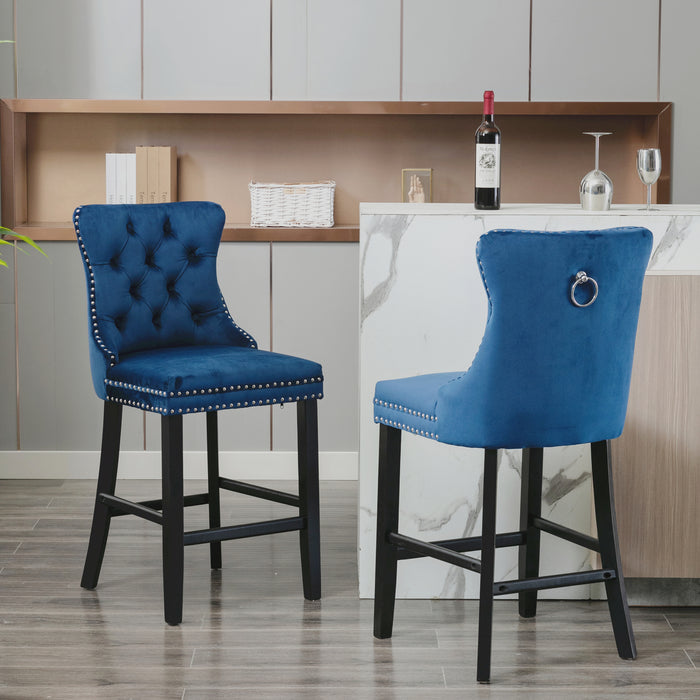 Button Tufted Velvet Upholstered Bar Stool with Backs Set of 2, Mid Century Counter Stools 27 Inch Seat Height with Nailhead Trim and Back Ring Pull, Blue