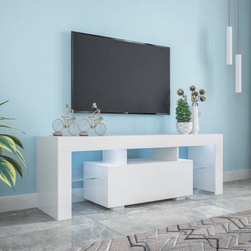 Entertainment TV Stand, Large TV Stand TV Base Stand with LED Light TV Cabinet-White