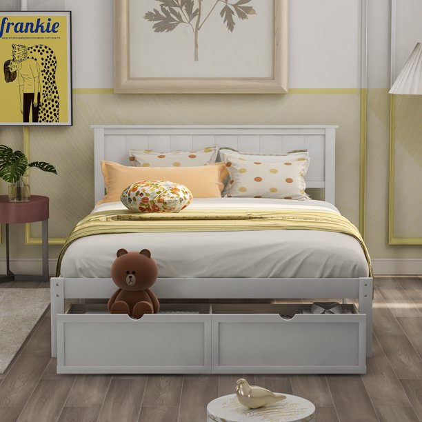 Full Size Bed Frame with Drawer, Wood Kids Platform with Wheels, Headboard, Kids Full Size Platform Frame, No Box Spring Needed(Twin,Grey)