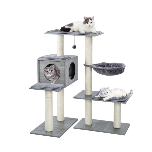 Vinmall Essentials Modern Cat Tower Cats Tree Varied Styles Activity Centre with Sisal Scratching Posts Nest Toy Ball Removable Washable Mats, Grey