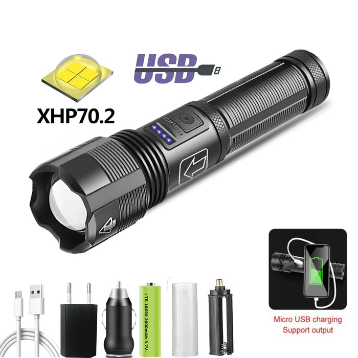 90000 Lumens Powerful Flashlight, USB Rechargeable Waterproof XHP70 Searchlight Super Bright LED Flashlight Zoom Bar Torch for Hiking Hunting Camping Outdoor Sport (Battery Included)