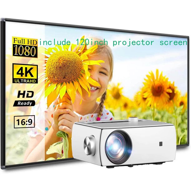 Video Projector with 120'' Projector Screen, Native 1080P 5G WiFi Projector, Support Bluetooth, Digital Zoom & HiFi Stereo