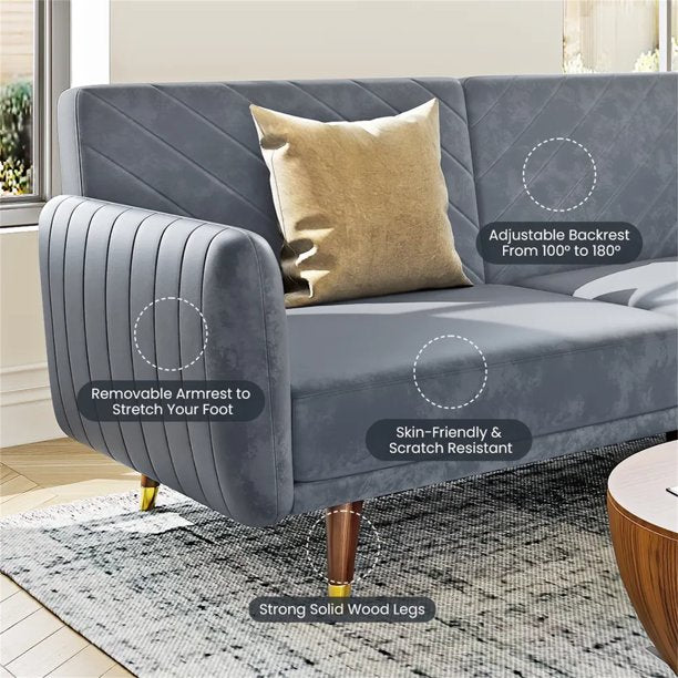 Vinmall Modern Convertible Velvet Sofa Bed with Adjustable Backrest, Sleeper Sofa, 2-Seat Loveseat Couch with Solid Wood Legs, 76", Grey