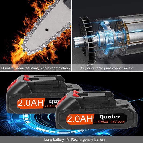 Qunler Mini Chainsaw 6 inches Cordless, Handheld Electric Chain Saw with 2 Battery for Wood Cutting Tree Trimming, Orange