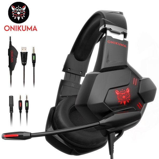 ONIKUMA Gaming Headset With Microphone,3D Surround Sound Stereo Pc Gaming Headset With Noise Canceling Mic & LED Light, Headsets Compatible With PC, PS4,PS5, Xbox One Controller(Adapter Needed)