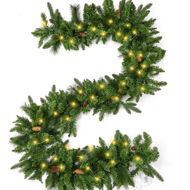 Vinmall 9FT Pre-lit Christmas Garland, Battery Operated with 50 LED Lights, Xmas Garland with Pine Cones and Timer, Christmas Holiday for Indoor & Outdoor