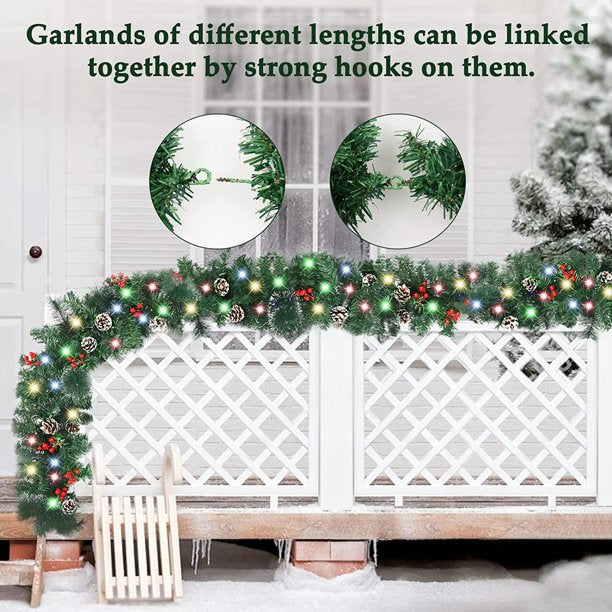 Vinmall Artificial Christmas Garland Flocked with Mixed Decorations and LED Color Lights Frosted Berry Faux Vine Lights, 9 ft