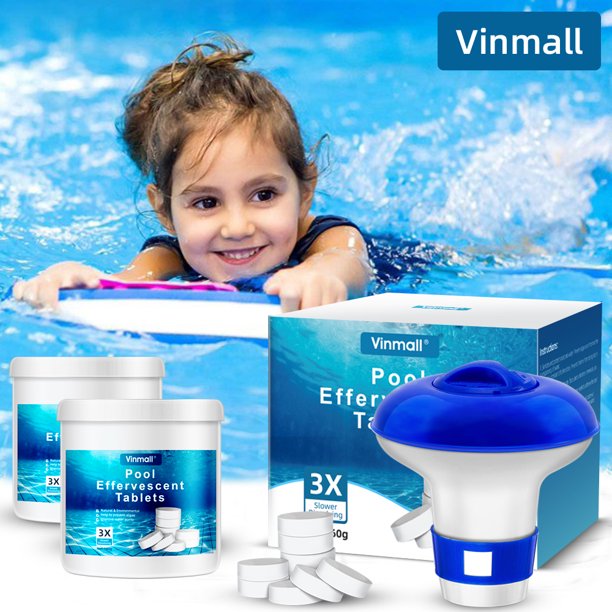 Vinmall 360 Pcs Chlorine Tablets for Pool, Long Lasting Chlorine Tablets with 4 Inch Floating Chlorine Dispenser for Swimming Pool or Spa