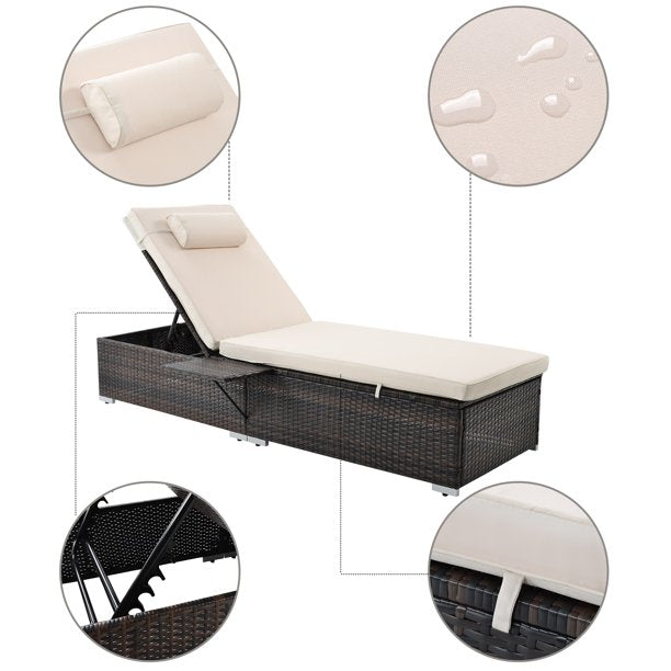 2 Pieces Vinmall Outdoor Chaise Lounge Chair, Patio Reclining Sun Lounger, Brown Wicker Rattan Adjustable Lounge Chair, Steel Frame with Removable White Cushions