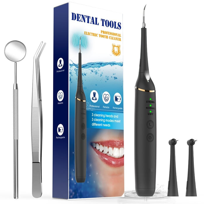 Electric Ultrasonic Dental Calculus Remover Tool Kit, High-Frequency Vibration Tooth Scraper Tartar Removal Cleaner Kit with 2 Matte Head(Black)