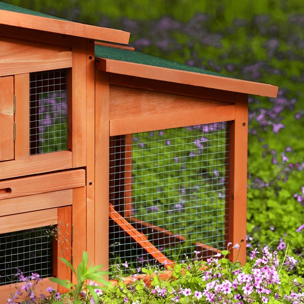 Vinmall 70 Inch Wood Rabbit Hutch Outdoor Pet House Chicken Coop for Small Animals with 2 Run Play Area ，S2