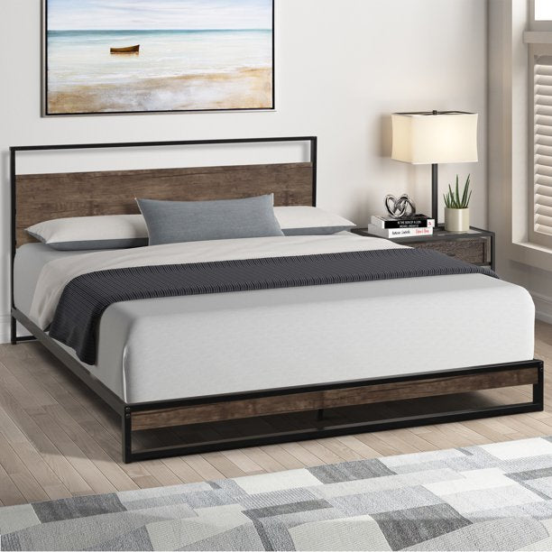 Vinmall Queen Size Metal Platform Bed frame with Wood Slats ,Gray