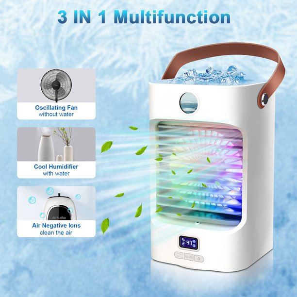 Evaporative Air Cooler, 3 Speeds 4000 mAh Mini Air Conditioner, 7 Colors LED Light Personal Air Conditioner Mini Prtable with Handle ( White)