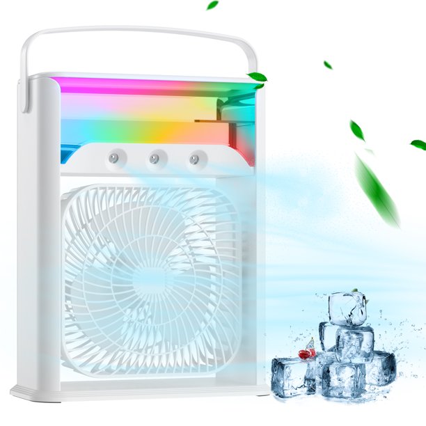 Vinmall Personal Air Cooling Fan,with 3 Adjustable Wind Speed & 7 Color LED Light,Suitable for Bedroom, Kitchen, Office, Gym, Travel Etc.White