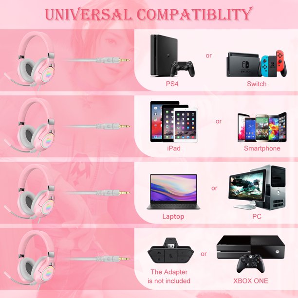 ONIKUMA Pink Gaming Headset, 3D Stereo Surround Sound RGB Folding Over-ear Gaming Headphones with Detachable 360¡ã Noise Cancelling Mic for PC Laptop PS4 Xbox One Nintendo Switch