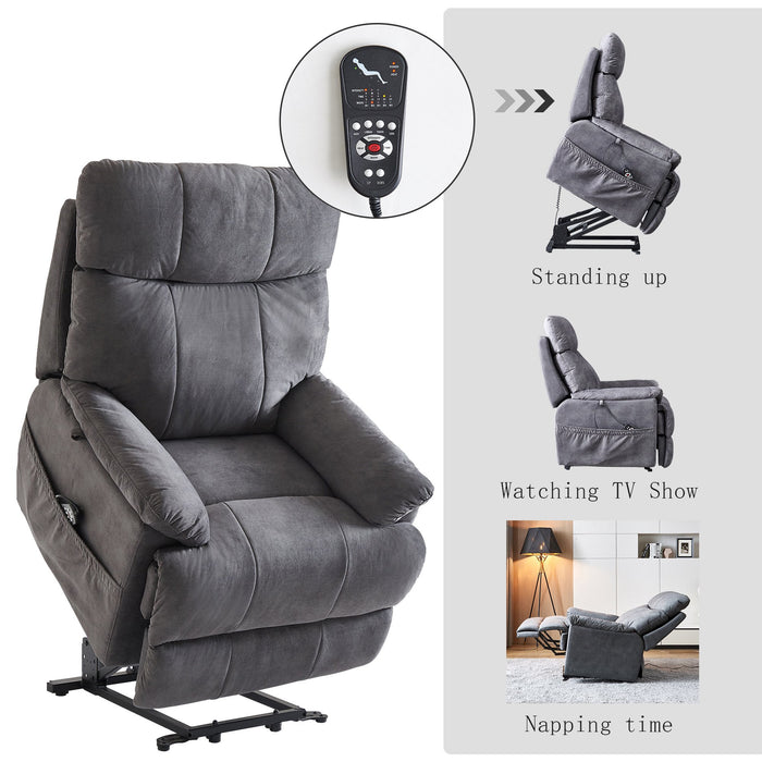 Vinmall Electric Recliner Chair with Remote Control, Large Size Power Lift Sofa for Elderly, 8 Points Vibration Massage and Heat, Side Pockets, Cozy Fabric, Overstuffed Arms, Gray