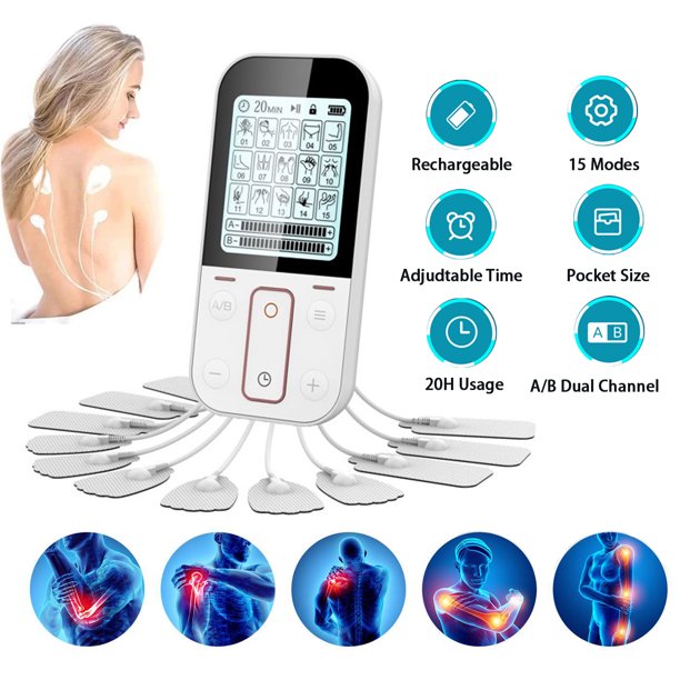 Vinmall TENS Unit Muscle Stimulator ,Rechargeable EMS Dual Channel with 8 Reusable Electrode Pads 15 Modes for Back Neck Pain Muscle Therapy Pain Management Pulse Massager