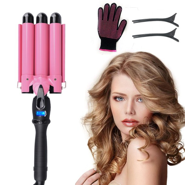 Hair Curling Iron Hair Waver 3 Barrel, Tourmaline Ceramic Fast Heating Hair Curler, Large Wave 3 Barrel Curling Iron, Adjustable Temperature with LCD Display