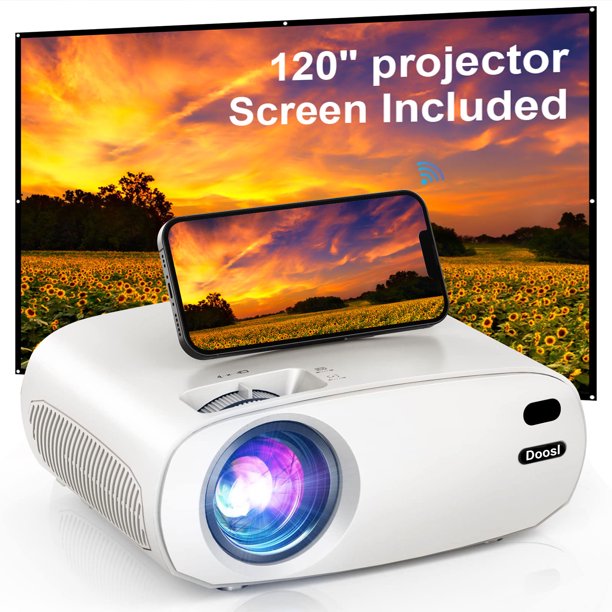 Doosl Projector with 120" Screen, 5G WiFi Bluetooth Wireless Connection Mini Movie Projector Support Native 1080P &Zoom, Home&Outdoor Portable Projector with HDMI USB Interfaces for PC PS4 TV Stick