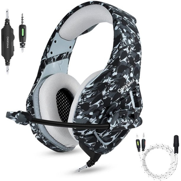 Gaming Headset for PS4 New Xbox One PC Mac Laptop, Professional Over Ear Wired Gaming Headphones with Microphone Noise Reduction Deep Bass Surround Sound, Camouflage Gray