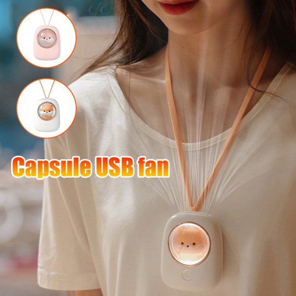 Cute Cartoon Fan, Mini Necklace Cooler, Hanging Neck Fan with Bladeless, Lanyard, USB Charging, Adjustable Night Light, Gift for Kids