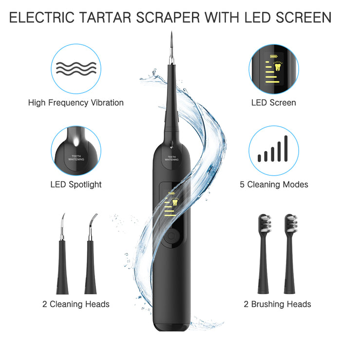 Electric Dental Calculus Remover, iFanze Rechargeable Tartar Scraper with LED Screen, 2 Cleaning Heads, 2 Brushing Heads, 5 Modes & 1 Dental Mirror, Teeth Tartar Stain Remover