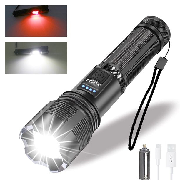 LED Tactical Flashlight, 90000 High Lumens Rechargeable LED Flashlight, Small Super Bright Flashlight, 6 Modes Zoom Torch with Red Light Warning Flashlight for Emergencies