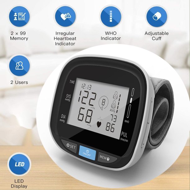 Blood Pressure Cuff, Large Wrist Blood Pressure Monitor LCD Display, Fully Accurate Automatic Digital BP Machine For Home Use Irregular Heartbeat And Hypertension Detector, J02