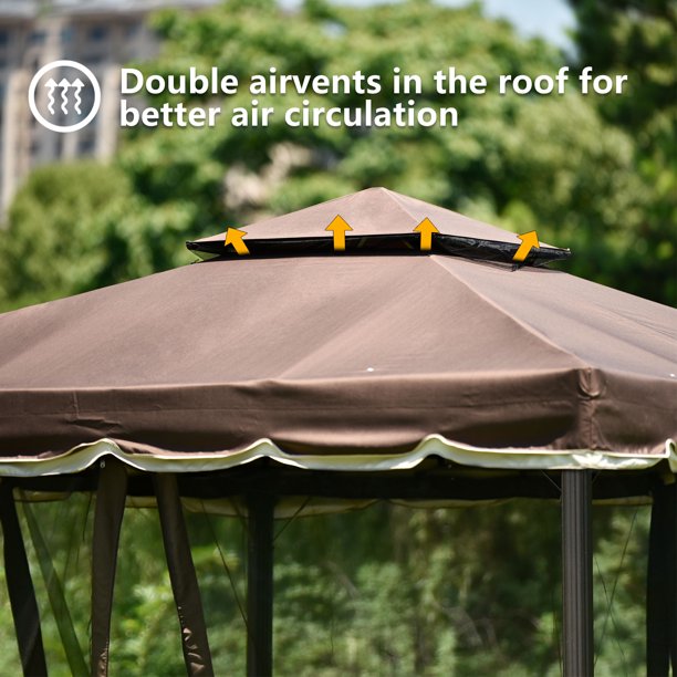 10'x9'Outdoor Steel Vented Dome Top Patio Gazebo with Netting, Anti-mosquito and insects, for Garden, Patio Backyard, Poolside and Deck, Brown