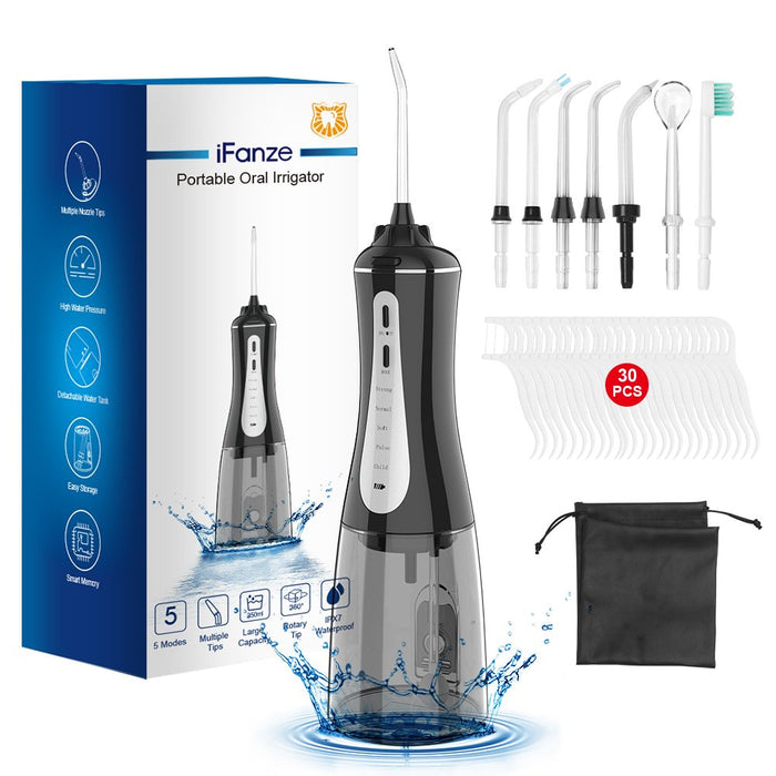 Dental Oral Irrigator, iFanze Cordless Water Flosser Teeth Cleaner - Portable Water Flosser with 5 Modes, 7 Tips & Dental Floss - USB Rechargeable Dental Flosser for Travel Home & Office Use