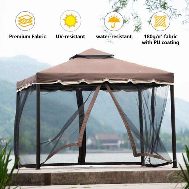 10'x9'Outdoor Steel Vented Dome Top Patio Gazebo with Netting, Anti-mosquito and insects, for Garden, Patio Backyard, Poolside and Deck, Brown