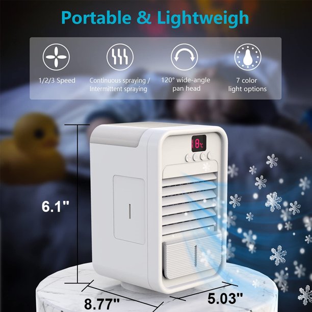 Portable Air Cooler,Mini Portable Air Conditioner Fan Evaporative Air Humidifier with,Mini Air Cooler with 350ml Water Tank,7 Lights for Home Office Bedroom