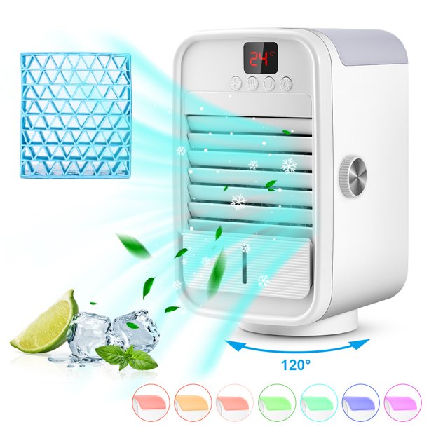 Portable Air Cooler, USB Rechargeable Mini Air Conditioner Fan,3 in 1 Personal Noiseless Evaporative Cooler with 7 Colors 3 Different Speeds for Car Office Household Home, Bedroom,Travel, Camping