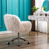 Vinmall Fluffy Desk Chair, Cute Faux Fur Height Adjustable Swivel Vanity Accent Chair, Modern Accent Desk Chair With Arm Base For Office, Living Room, Bedroom And Dressing Room, White