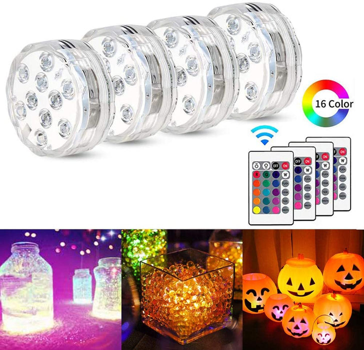 Submersible LED Lights, Pond Lights with Magnet, Suction Cup, RF Remote, 13 LED Lights with 16 Changing Colors for Aquarium, Ground Pool, Vase Base, Party, IP68 Waterproof (4 Pack)