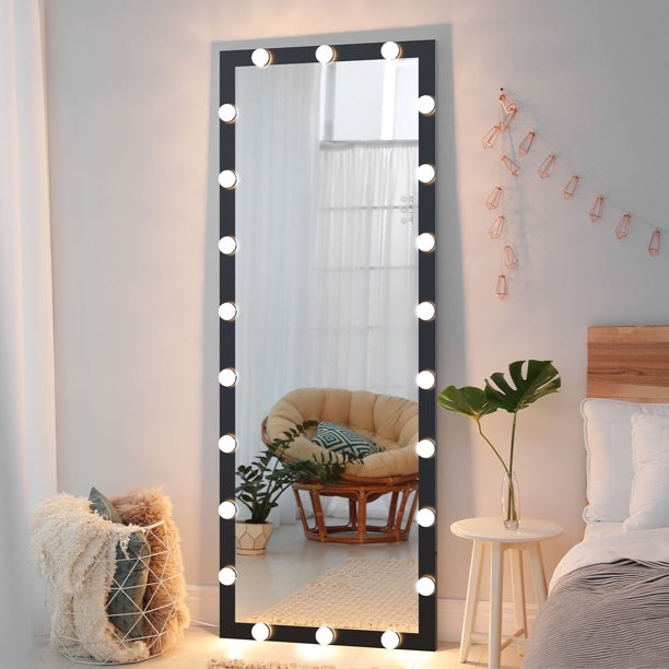 Hollywood Large Floor Vanity Mirror with LED Bedroom Hotel Long Wall Mouted Full Body Mirror Large Floor Dressing Mirror With Lights Black